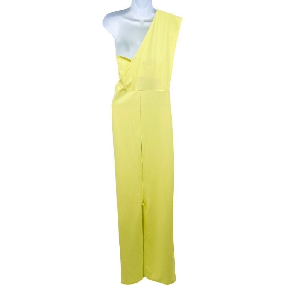 PrettyLittleThing Light Lime One Shoulder Maxi Gown Dress Back Slit Crepe - Picture 4 of 10